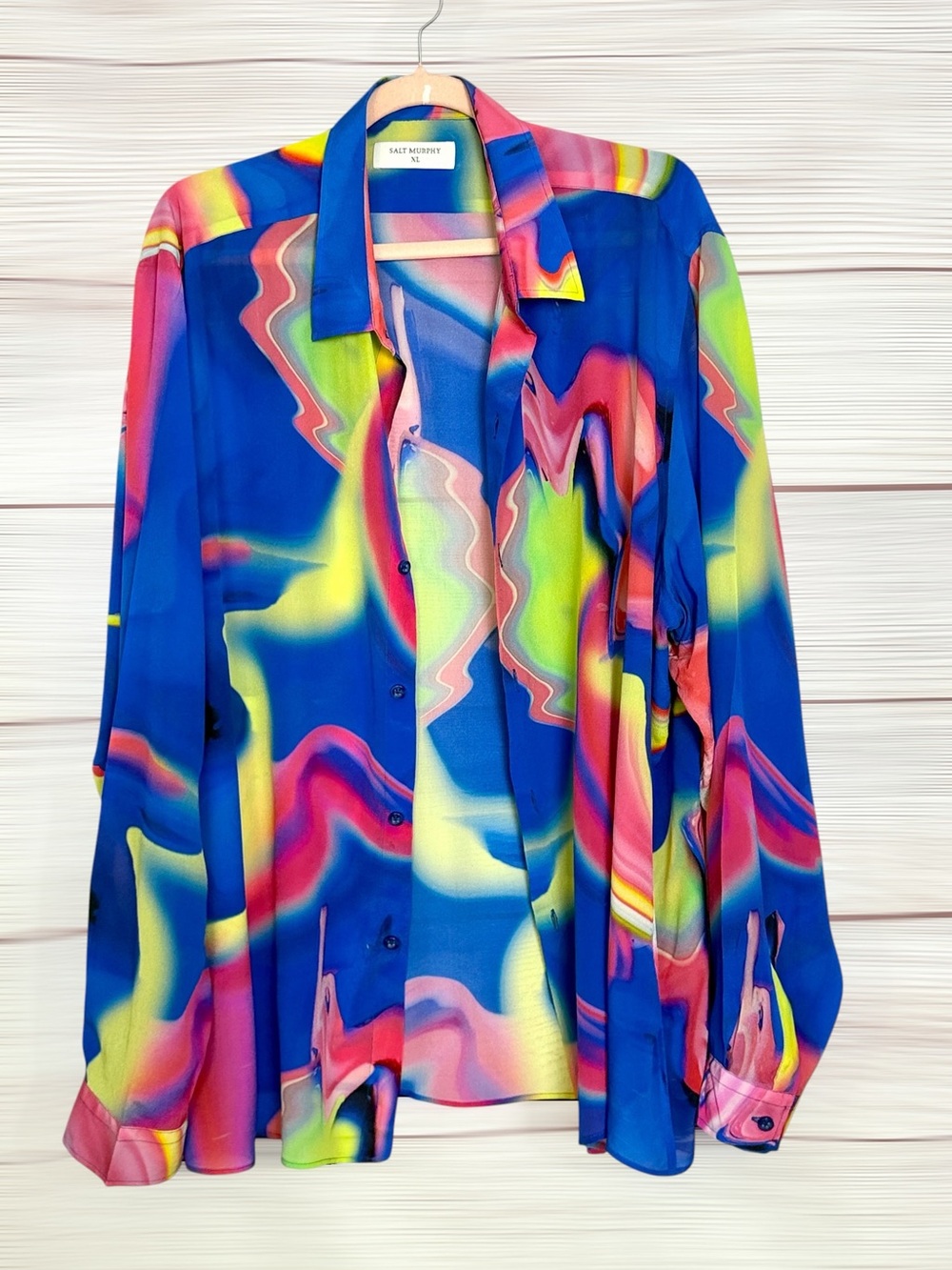 Salt Murphy 100% Silk Shirt Blouse XL Psychedelic Abstract Print Blue Multicolor